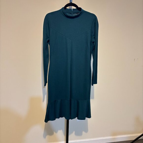 Ann Taylor Teal Wool Blend Long Sleeve Mock Neck Ruffle Hem Dress - Picture 4 of 12